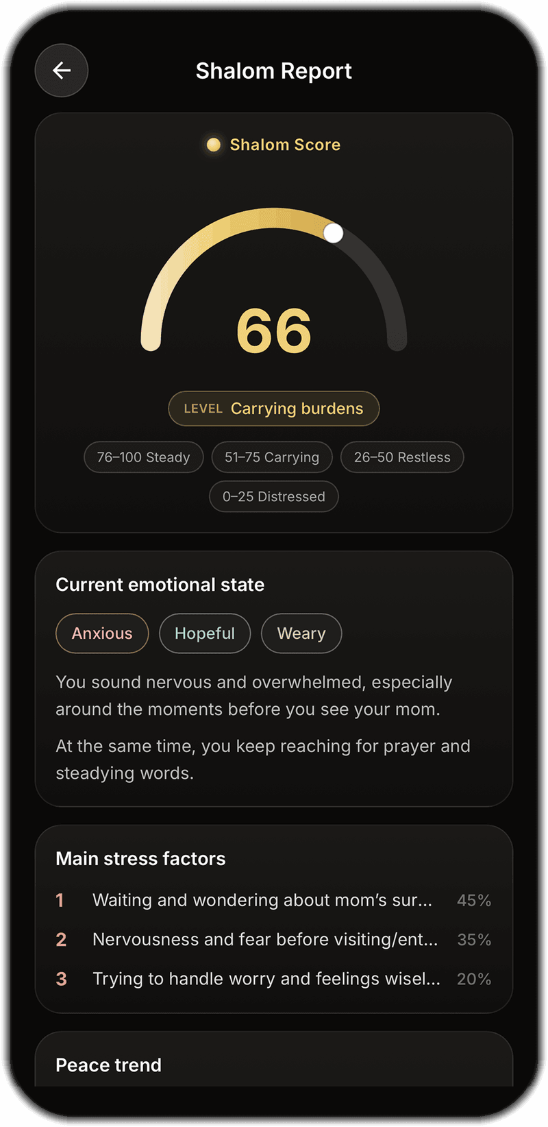 Shalom Report on a phone, showing a Shalom Score and emotional state