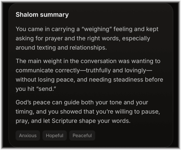 Shalom summary of a recent conversation
